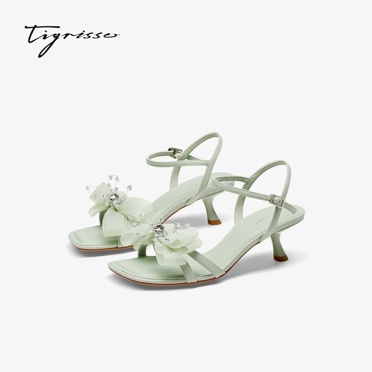 蹀愫25夏新配裙子小猫跟蝴蝶结仙女风一字带高跟凉鞋TA65319-14