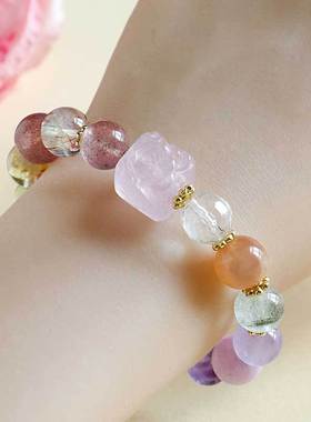 九尾狐方糖多宝紫水晶串珠手链女时尚感海蓝宝手串首饰