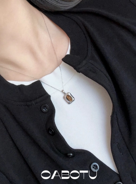 虎眼石吊坠项链 秋冬美拉德流光几何框小众高级感百搭通勤项链