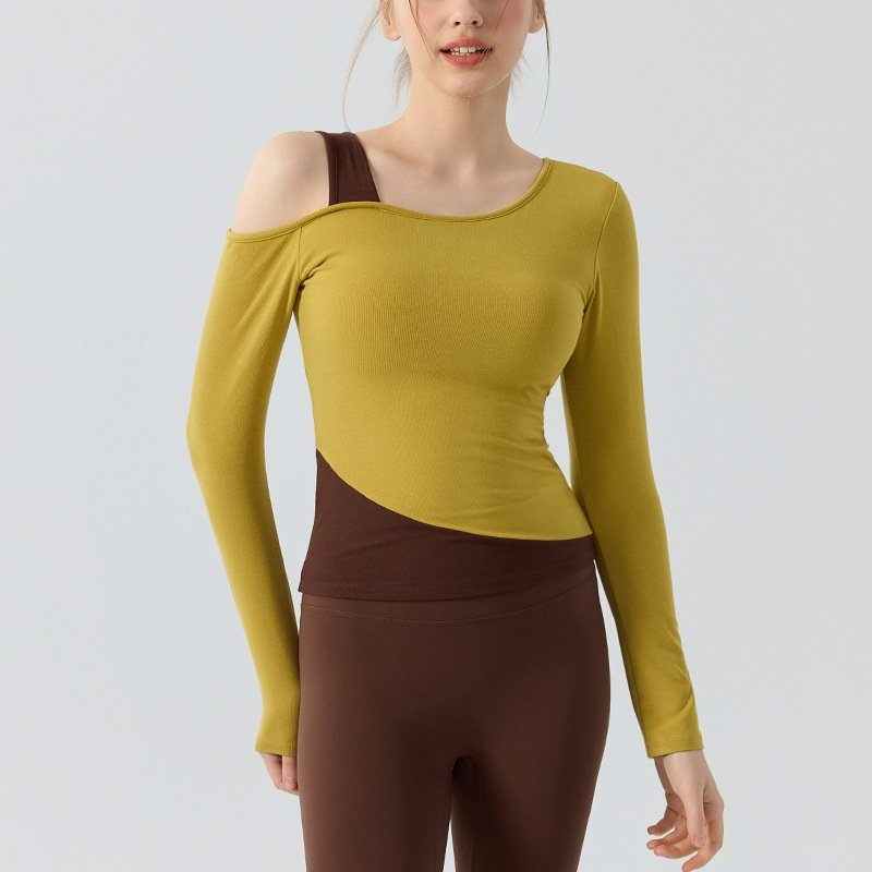 瑜伽服长袖t恤带胸垫 撞色假两件露肩运动上衣普拉提训练健身服女,淘宝优惠券,粉丝福利购,淘宝优惠卷