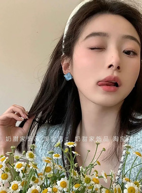 清新冰蓝色果冻方块耳环少女减龄