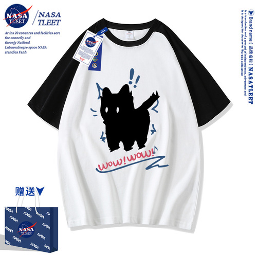 NASA联名黑色白猫短袖t恤男女款2024新款潮流青少年夏季宽松体恤