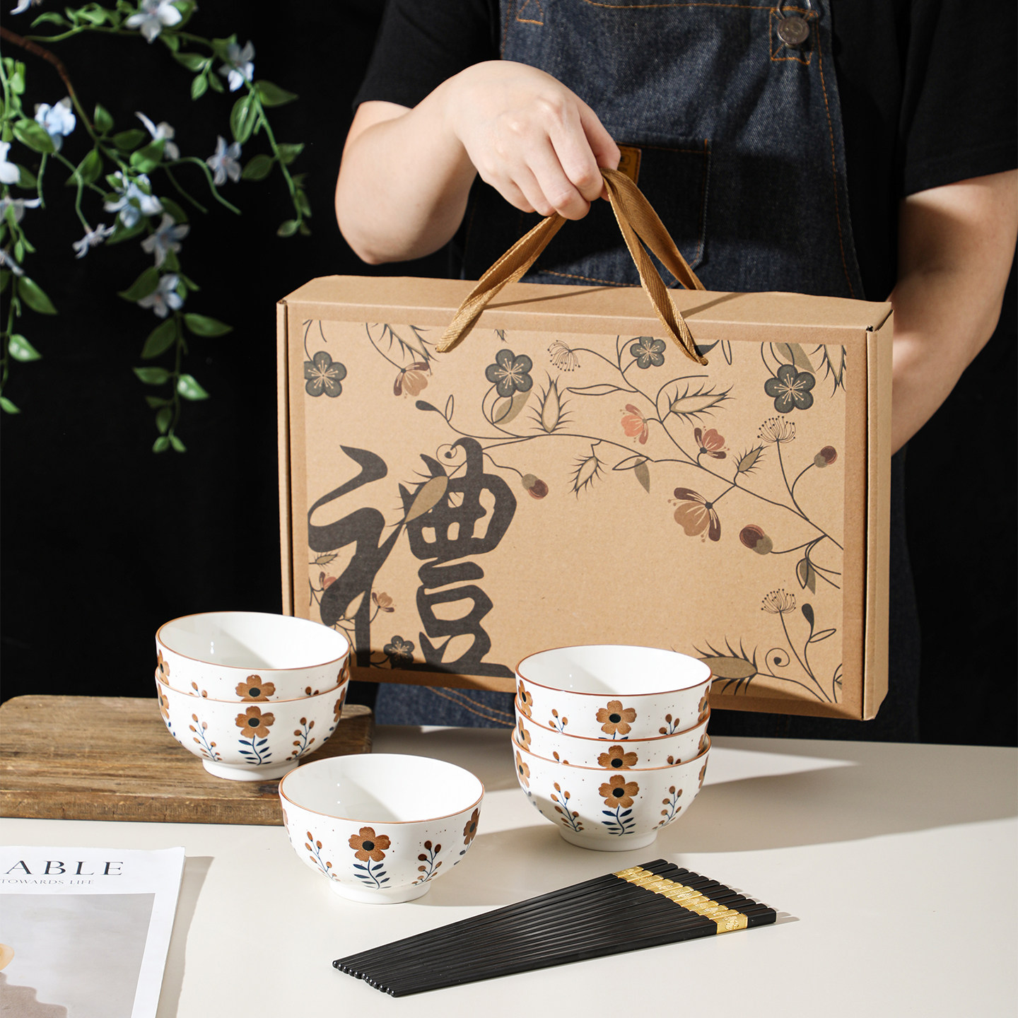 陶瓷碗筷小礼品开业活动伴手礼复古花碗筷礼盒装商务团建礼品定制