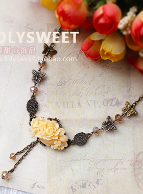 定制手作 复古多色蔷薇玫瑰花 金属花片水滴链条花朵吊坠项链