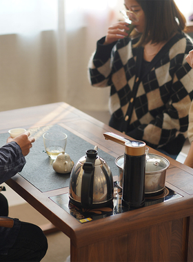 阳台组合茶桌新中式茶台禅意烧水壶台黑胡桃实木乌金石案茶室家具