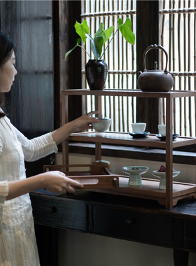 新中式实木桌面瓷器架双层置物架黑胡桃木茶室装饰茶家具收纳架
