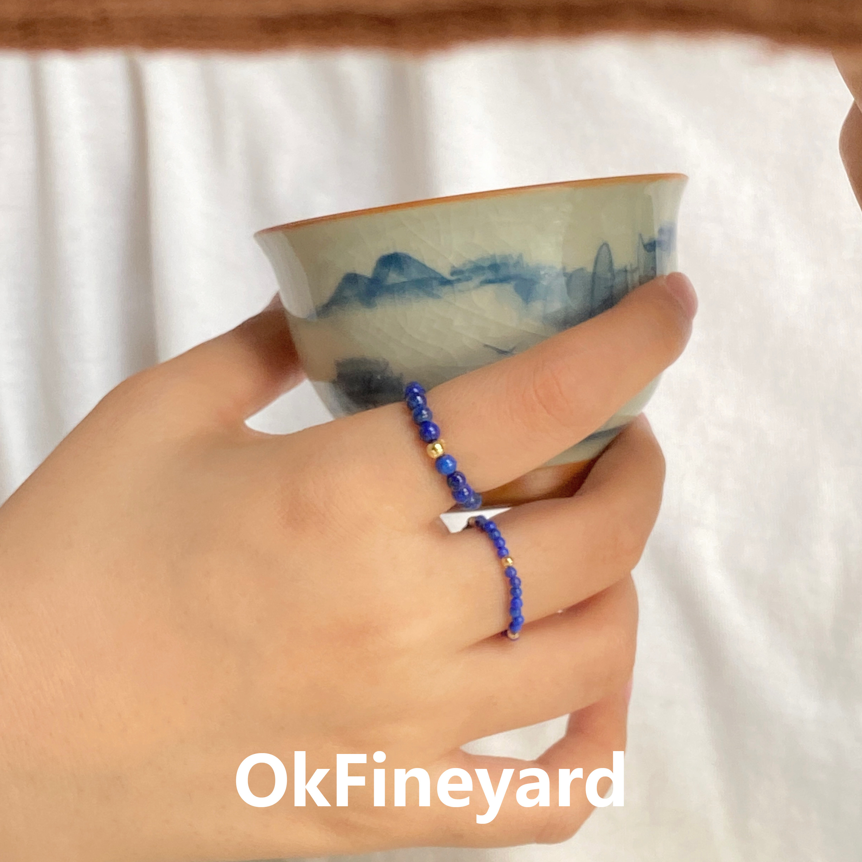 OkFineyard natural lapis lazuli beaded ring women's niche design plain ring tail ring white high-end index finger ring