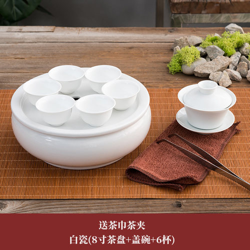 家用纯白功夫陶瓷茶具套装带盖碗茶壶圆形茶船储水茶盘组合 - 图2