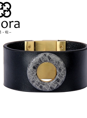 几何型牛皮手链 时尚OL简约牛皮手链 纽锁扣电镀金色合金手环手镯