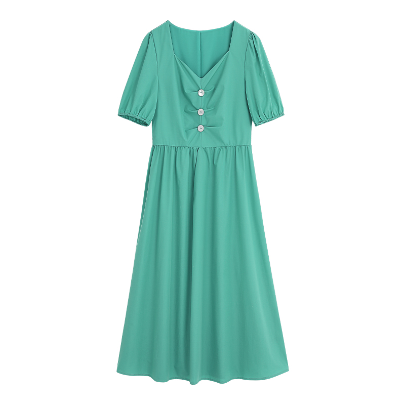 弥古法式泡泡袖绿色连衣裙女夏高级感短袖沙滩裙海边度假三亚裙子