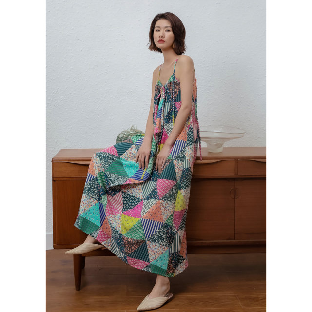 Migu Bohemian vacation dress chiffon floral suspender skirt women's summer ethnic style Thai seaside long skirt