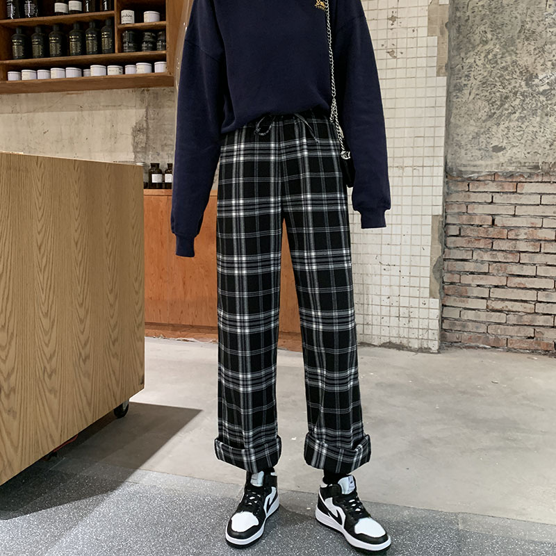 雅羊人旗舰店黑白格子裤子女宽松直筒显瘦百搭休闲春秋季高腰垂感秋冬阔腿长裤2
