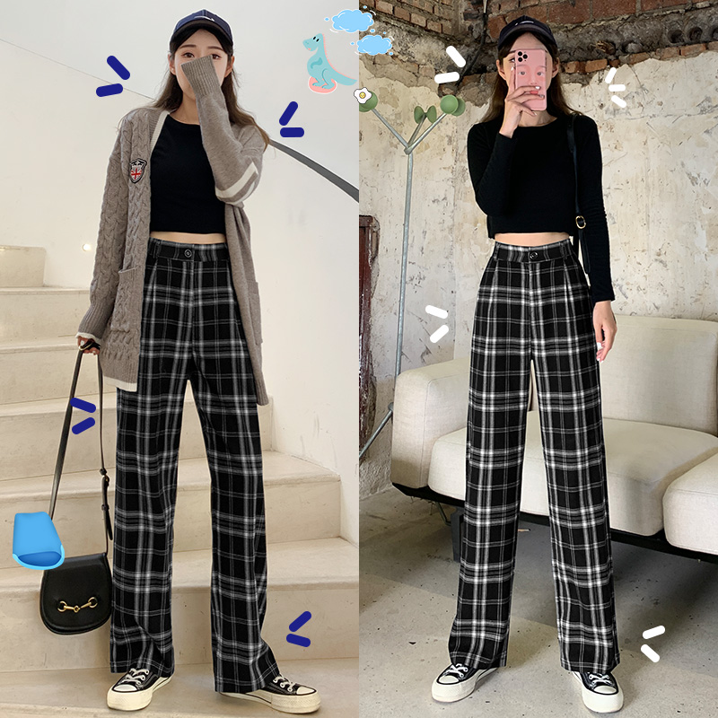 雅羊人旗舰店黑白格子裤女裤春秋季高腰垂感宽松直筒显瘦黑色休闲秋冬阔腿长裤0