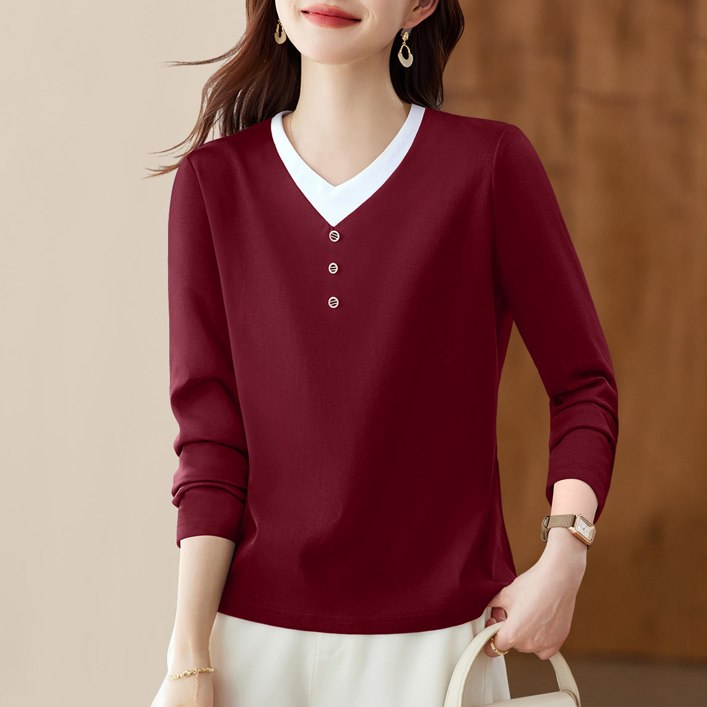 v领长袖t恤女士打底衫春秋款2025新款早秋爆款女装加绒假两件上衣,淘宝优惠券,粉丝福利购,淘宝优惠卷