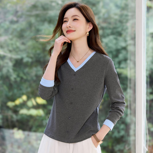 正肩v领长袖t恤女士2026新款春秋爆款高端女装洋气内搭上衣打底衫 - 图2