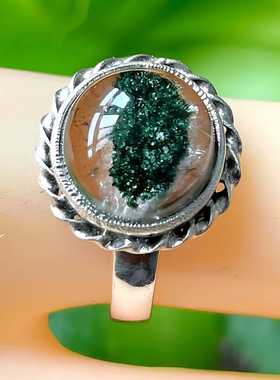 天然水晶戒指绿幽灵戒指巴西绿幽灵圆面半盆手工银包生日礼物饰品