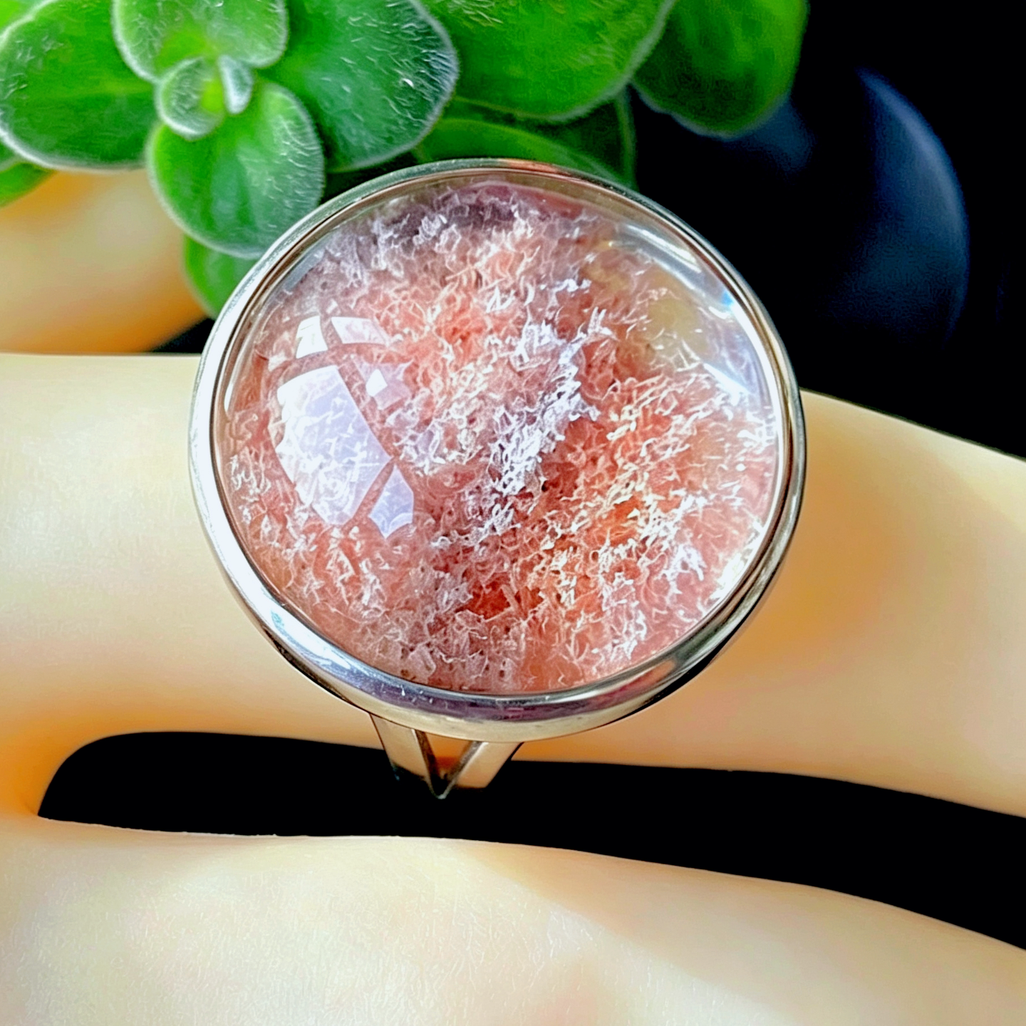 Natural crystal ring green ghost ring Brazilian pink ghost ring crystal body silver bag closed birthday gift for women