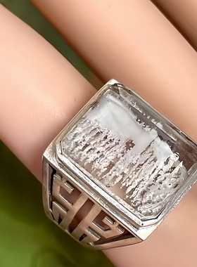 天然水晶戒指巴西绿幽灵戒指白幽灵戒指千层山方形银包镂空复古男