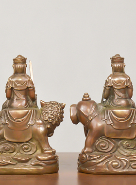 纯黄铜文殊普贤菩萨神像摆件保平安本命铜像家用佛堂供奉风水摆设