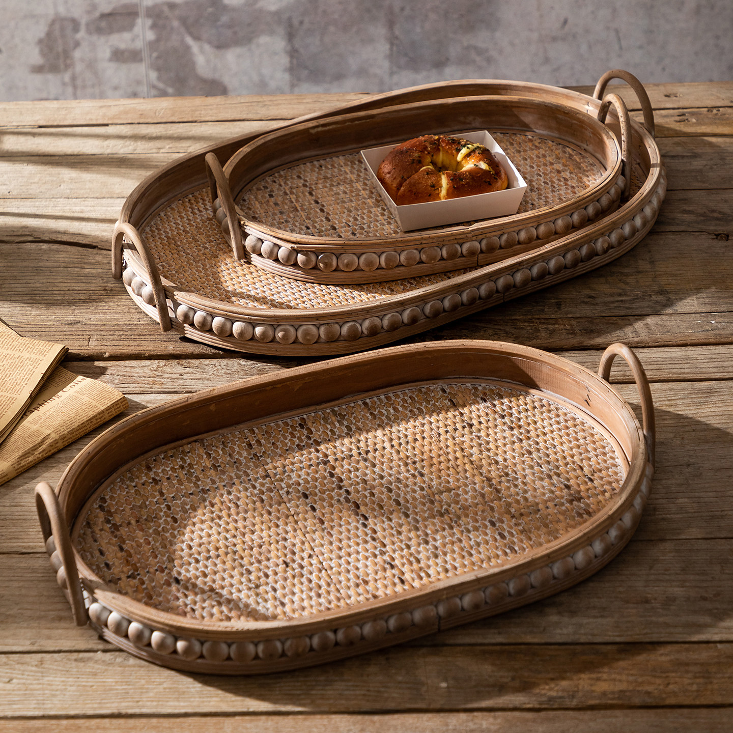 波西米亚复古藤编托盘日式桌面收纳装饰盘长方形果盘茶盘实木盘子,淘宝优惠券,粉丝福利购,淘宝优惠卷