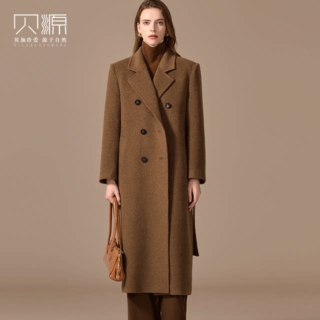贝源2025冬装新款高端100骆驼绒大衣女中长款双排扣加厚毛呢外套