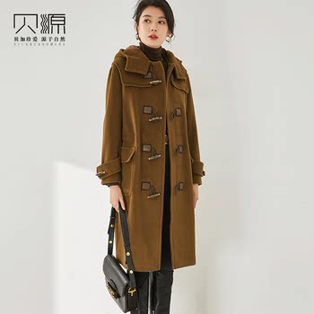 Beiyuan 2023 New Retro College Style Horn Button Cashmere Coat Women's Small Medium Long Hooded Woolen Coat