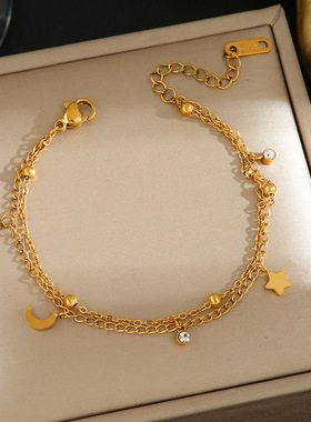 钛钢手链女双层叠戴星月甜美小众设计闺蜜轻奢高级感饰品不掉色