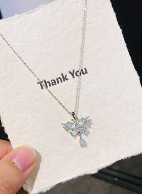 蓝色水晶锆石流苏蝴蝶项链女透光设计感百搭锁骨链小众清新小仙女