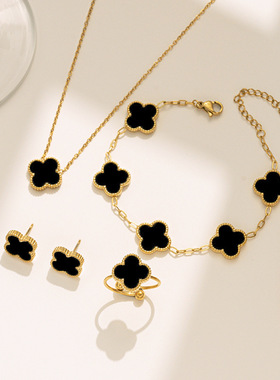 钛钢不掉色双面四叶花套装项链女时尚气质轻奢网红锁骨链手链