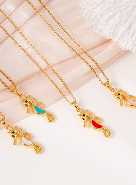 海洋系列项链女蓝色夏日小清新海马吊坠设计高级感百搭不锈钢颈链