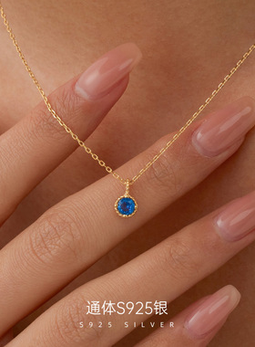 S925纯银复古镀14K金蓝色锆石项