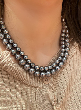 银灰色真多麻贝珠项链轻奢高级感