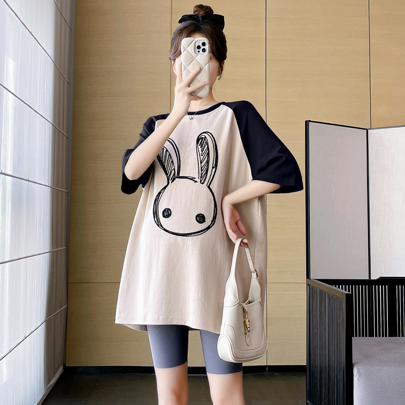 超大码孕妇装短袖T恤200斤兔子印花中长款遮肚上衣怀孕T恤套装薄 - 图0