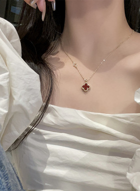 微镶锆石秋冬锁骨链红色双面四叶项链女爆款设计师锁骨链小众颈