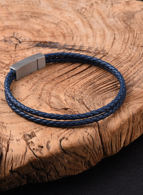 外贸不锈钢皮手链双条简约多色编织皮革男女通用不锈钢首饰品手镯