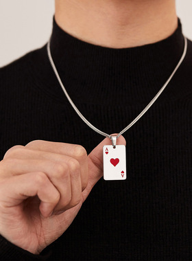 新款时尚嘻哈钛钢创意扑克黑桃A红桃爱心吊坠情侣礼物配饰 毛衣链