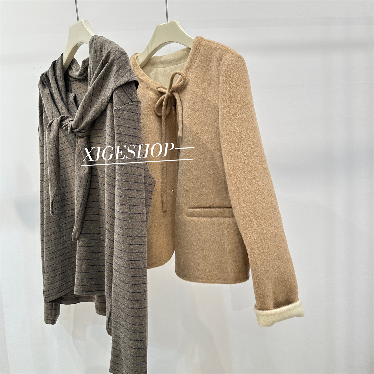 韩系软糯磨毛条纹长袖V领T恤上衣三角披肩系腰两件套秋季慵懒穿搭 - 图2