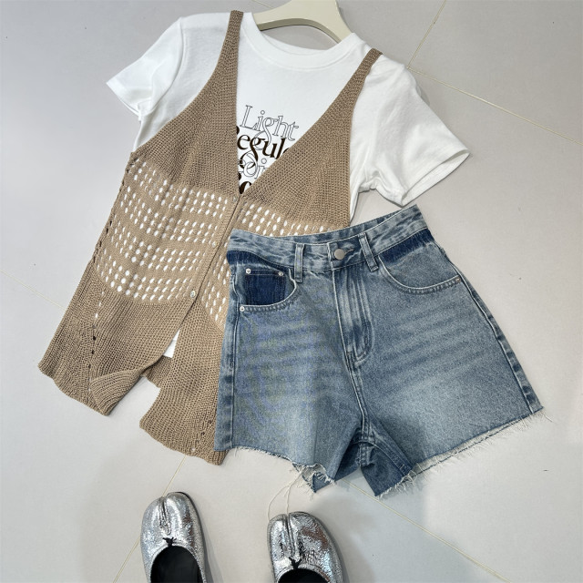 ໂສ້ງຂາສັ້ນ denim ທີ່ລ້າງອອກແບບ Retro ສີເຂັ້ມ ແລະ ອ່ອນໆ ສຳລັບແມ່ຍິງລະດູຮ້ອນ ແອວສູງ ແອວແມວ ຮອຍທພບມີຂົນແຂບກະທັດຮັດ ໂສ້ງຂາຮ້ອນ