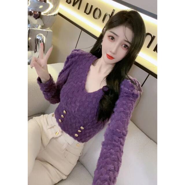 ເສື້ອຍືດຄໍ V-neck lace ແບບບໍລິສຸດສໍາລັບແມ່ຍິງ 2025 ດູໃບໄມ້ລົ່ນໃຫມ່ slim fit puff sleeve ສັ້ນ versatile ເທິງແຂນຍາວ