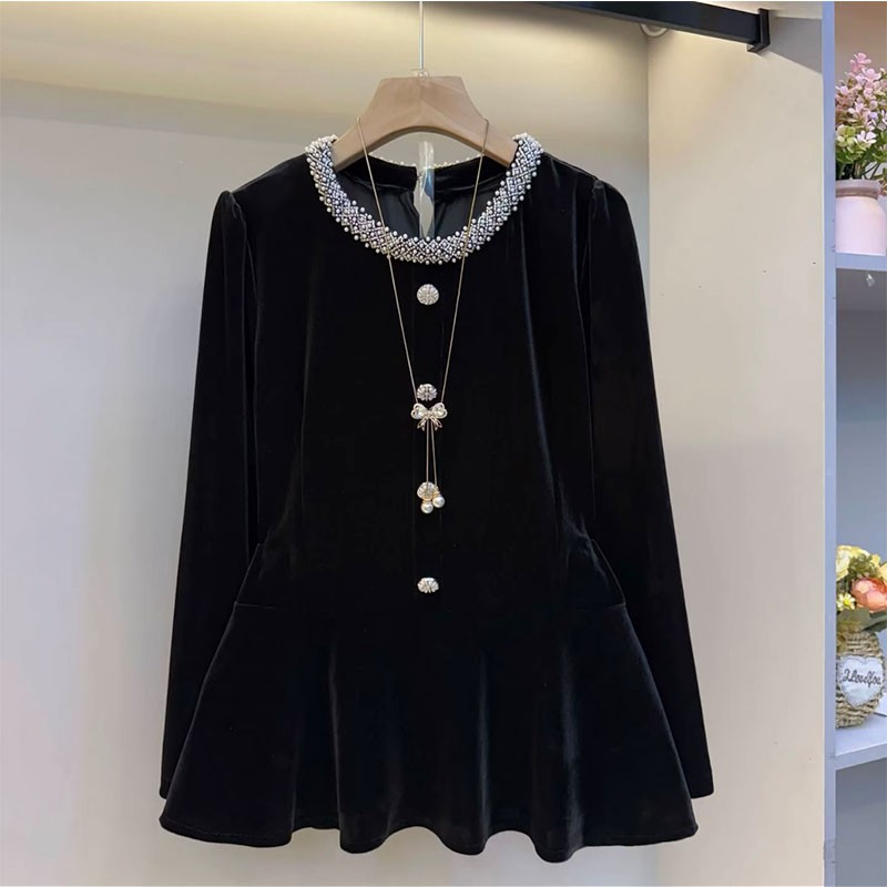 2025秋季新款时尚百搭显瘦大码女装胖妹妹丝绒串珠长袖T恤上衣潮 - 图2