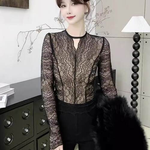 卡卡女装官方旗舰正品气质御姐高级感蕾丝打底衫透视长袖内搭上衣 - 图1