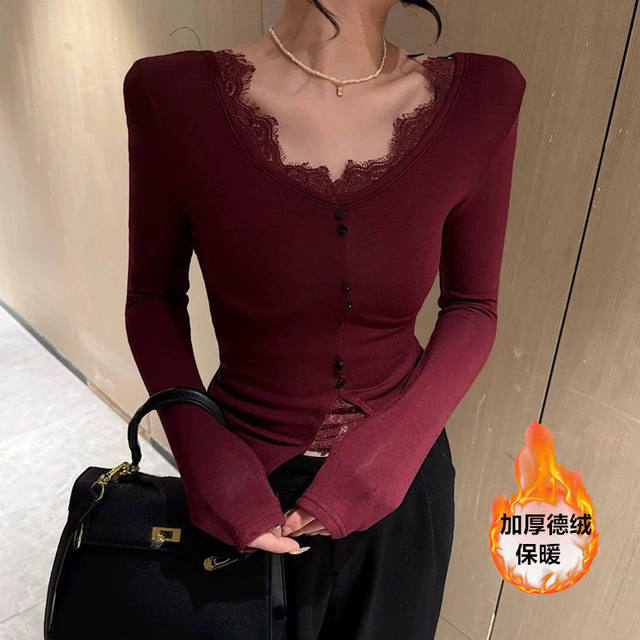 Lace V-neck inner bottoming shirt for women autumn and winter 2025 new slim fit navy blue long-sleeved T-shirt pure desire short top