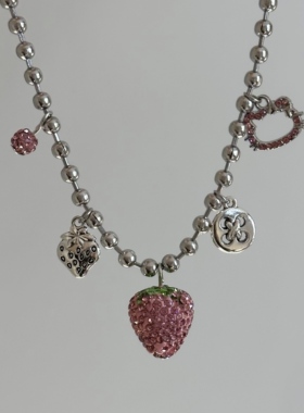 轻奢水晶草莓圆珠锁骨链女