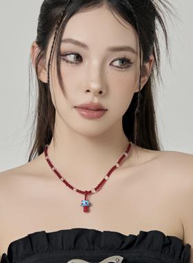 原创手作红色系琉璃小蘑菇项链