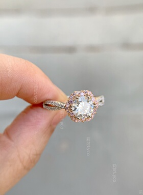 通体925银厚镀金超闪D色莫桑钻粉色花瓣戒指女婚戒