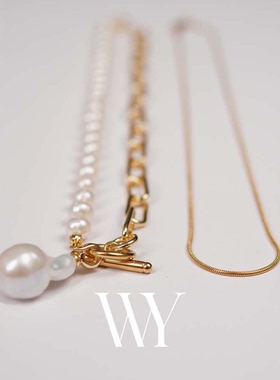 WY个性珍珠碰镀银金属链多功能叠戴天然巴洛克珍珠项链甜酷风