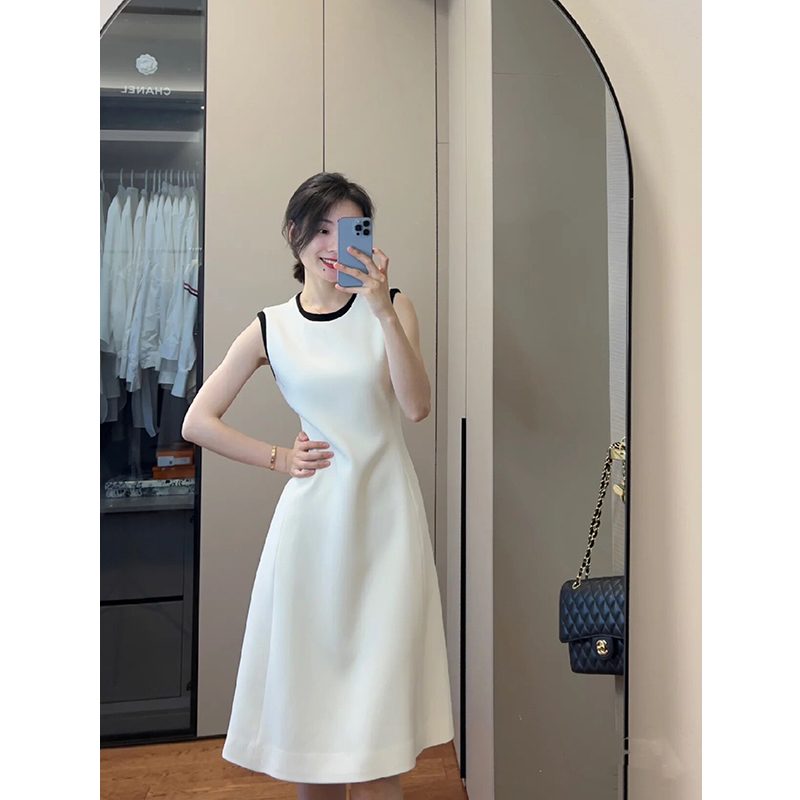 夏季新款高档优雅气质白色长裙收腰女人味通勤A版无袖纯色连衣裙 - 图1
