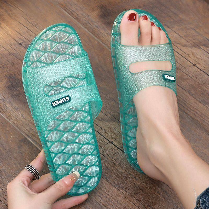 女士水晶果冻拖鞋透明平跟防滑软底一字拖家用室内浴室洗澡拖女鞋