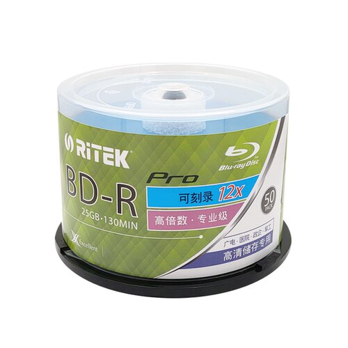 铼德(RITEK)蓝光可打印 BD-R 25G / 50G 12/10速 空白光盘/光盘/刻录光盘/刻录盘/蓝光刻录盘/光碟 桶装50片 - 图0