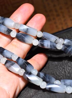 JJ011912新疆的猫56.2克有意境的青花墨玉籽长条异形珠项链